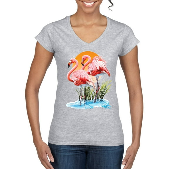 Wild Bobby, Flamingo Love Print, Animal Lover, Women Standard V-Neck Tee, Heather Grey, Medium