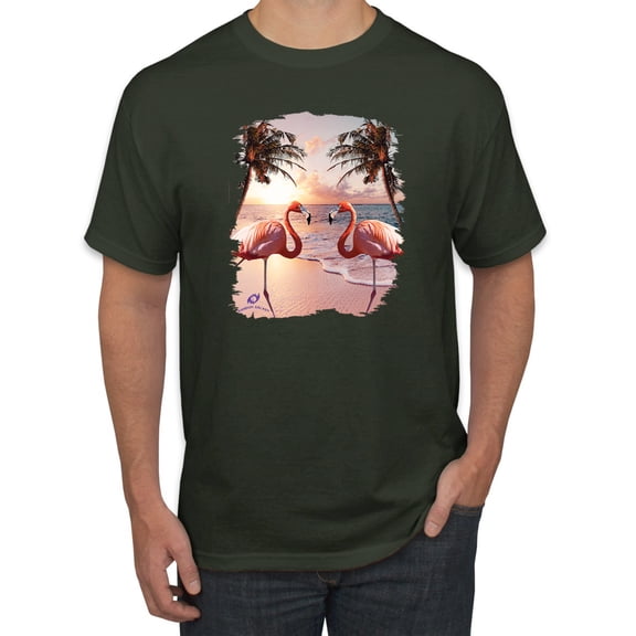 Wild Bobby, Flamingos in Summer on Beach, Animal Lover, Men Graphic Tees, Forest Green, Medium