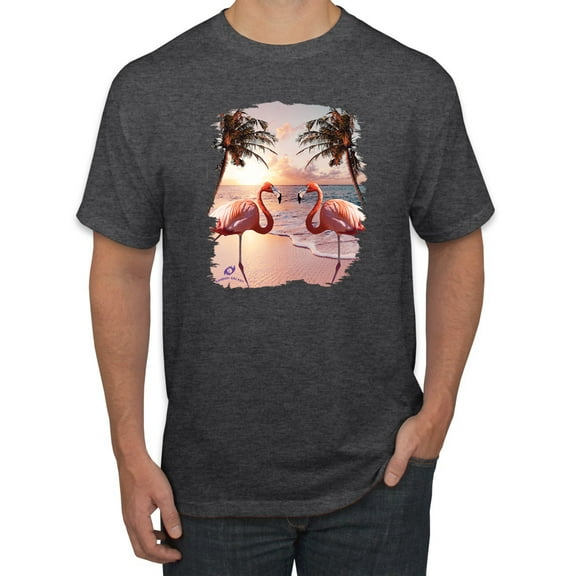 Wild Bobby, Flamingos in Summer on Beach, Animal Lover, Men Graphic Tees, Heather Black, Medium