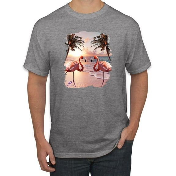 Wild Bobby, Flamingos in Summer on Beach, Animal Lover, Men Graphic Tees, Heather Grey, Medium