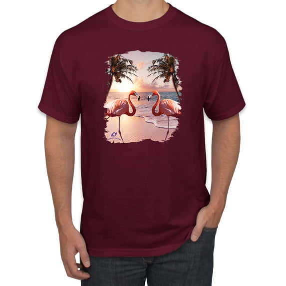 Wild Bobby, Flamingos in Summer on Beach, Animal Lover, Men Graphic Tees, Maroon, Small