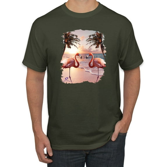 Wild Bobby, Flamingos in Summer on Beach, Animal Lover, Men Graphic Tees, Military Green, 4XL