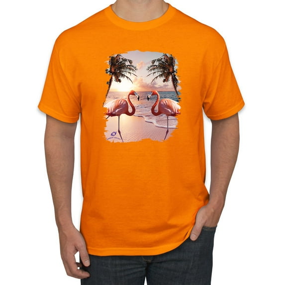 Wild Bobby, Flamingos in Summer on Beach, Animal Lover, Men Graphic Tees, Orange, Small