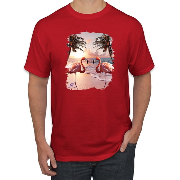 Wild Bobby, Flamingos in Summer on Beach, Animal Lover, Men Graphic Tees, Red, 5XL