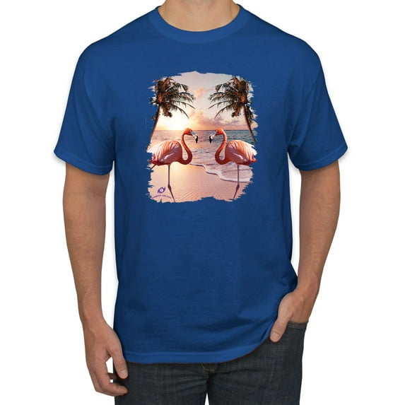Wild Bobby, Flamingos in Summer on Beach, Animal Lover, Men Graphic Tees, Royal, Medium