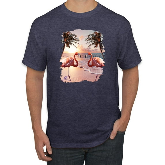 Wild Bobby, Flamingos in Summer on Beach, Animal Lover, Men Graphic Tees, Vintage Heather Navy, Large