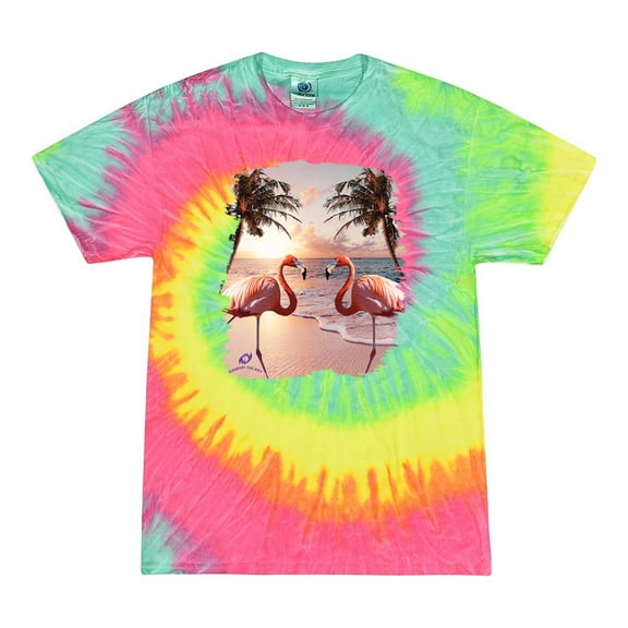Wild Bobby, Flamingos in Summer on Beach, Animal Lover, Tie-Dye Tees, Minty Rainbow, Medium