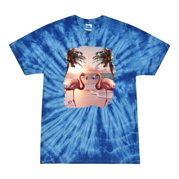 Wild Bobby, Flamingos in Summer on Beach, Animal Lover, Tie-Dye Tees, Spiral Royal, X-Large