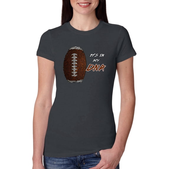 Wild Bobby, Football Fingerprint It's In My DNA, Sports, Women Slim Fit Junior Tee, Dark Grey, Small