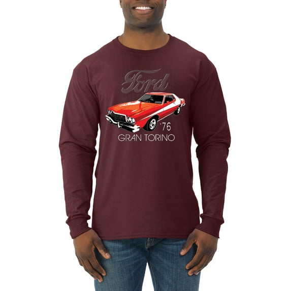 Wild Bobby, Ford '76 Gran Torino Vintage Car Cars and Trucks Mens Long Sleeve Shirt, Maroon, Large