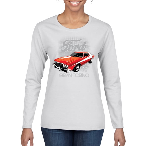 Wild Bobby, Ford '76 Gran Torino Vintage Car Cars and Trucks Womens Graphic Long Sleeve T-Shirt, White, Medium