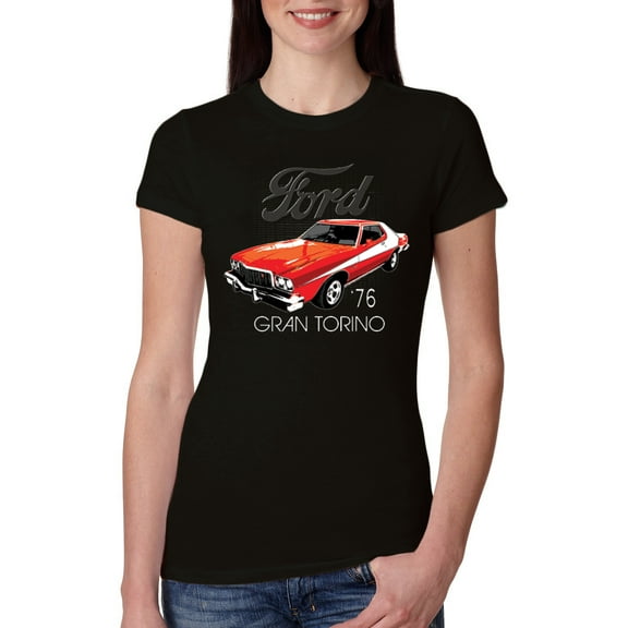 Wild Bobby, Ford '76 Gran Torino Vintage Car Cars and Trucks Womens Slim Fit Junior Tee, Black, Small