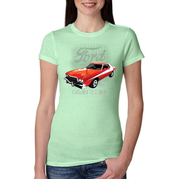 Wild Bobby, Ford '76 Gran Torino Vintage Car Cars and Trucks Womens Slim Fit Junior Tee, Mint, Medium