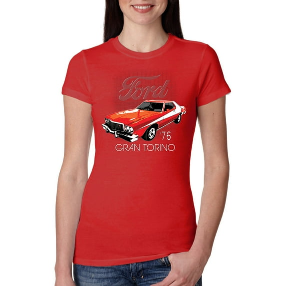 Wild Bobby, Ford '76 Gran Torino Vintage Car Cars and Trucks Womens Slim Fit Junior Tee, Red, Medium