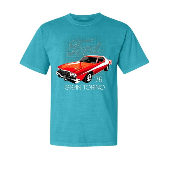 Wild Bobby, Ford '76 Gran Torino Wheels on Fire, Cars and Trucks, Garment-Dyed Washed Look Short Sleeve Tees, Blue Lagoon, Small