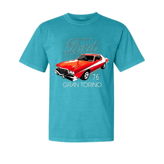 Wild Bobby, Ford '76 Gran Torino Wheels on Fire, Cars and Trucks, Garment-Dyed Washed Look Short Sleeve Tees, Blue Lagoon, Small