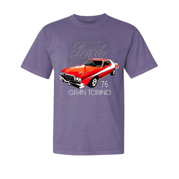 Wild Bobby, Ford '76 Gran Torino Wheels on Fire, Cars and Trucks, Garment-Dyed Washed Look Short Sleeve Tees, Purple, Large