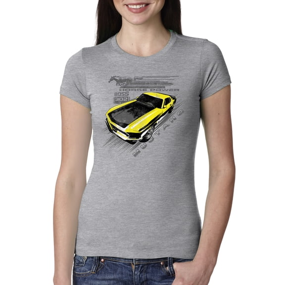 Wild Bobby, Ford Boss 302 Mustang Horse Power Retro, Cars and Trucks, Women Slim Fit Junior Tee, Heather Grey, X-Large