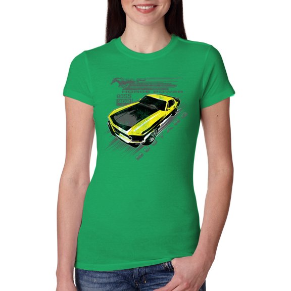 Wild Bobby, Ford Boss 302 Mustang Horse Power Retro, Cars and Trucks, Women Slim Fit Junior Tee, Kelly, Large