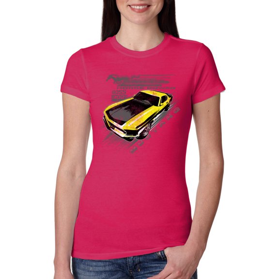 Wild Bobby, Ford Boss 302 Mustang Horse Power Retro, Cars and Trucks, Women Slim Fit Junior Tee, Raspberry, Small