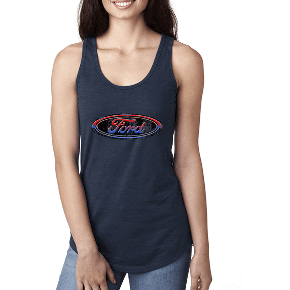 Wild Bobby, Ford Distressed USA Red White and Blue Tough Logo Cars and Trucks Ladies Racerback Tank Top