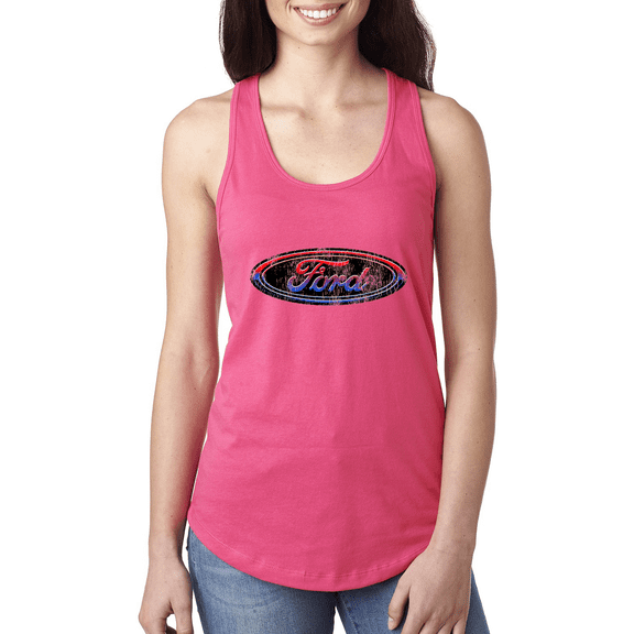 Wild Bobby, Ford Distressed USA Red White and Blue Tough Logo Cars and Trucks Ladies Racerback Tank Top