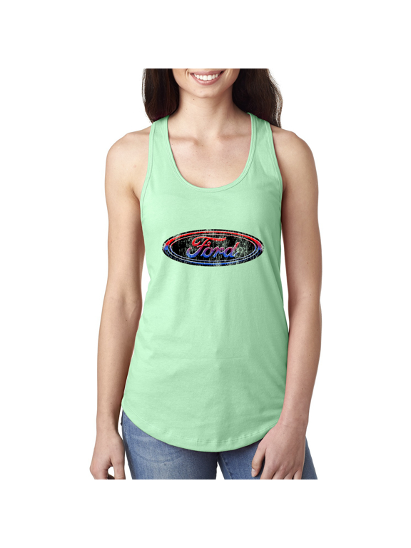 , Ford Distressed USA Red White and Blue Tough Logo Cars and Trucks Ladies Racerback Tank Top