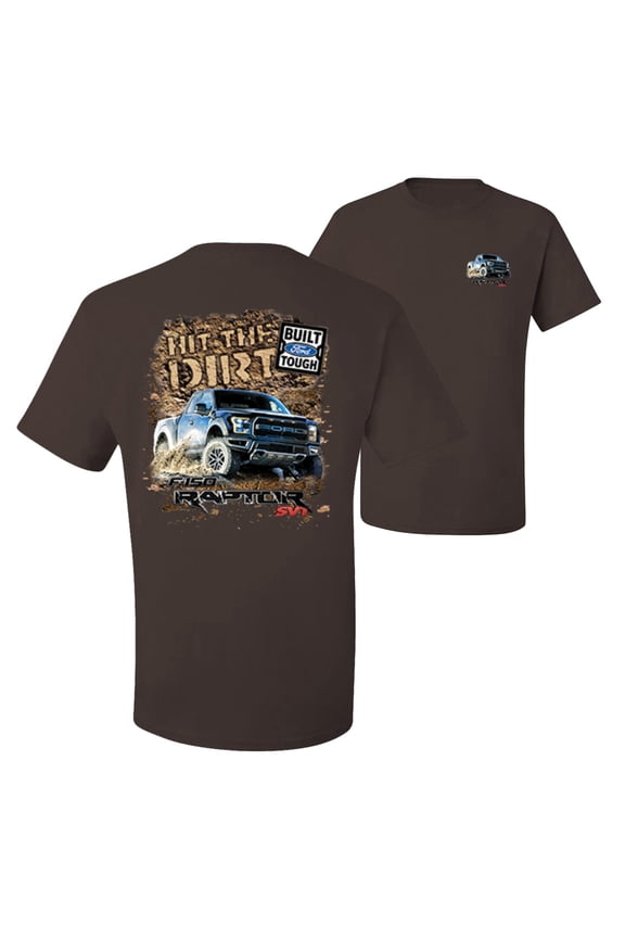 ,Ford F-150 Raptor Built Touch Offroading Hit the Dirt Cars and Trucks Front and Back Men's Graphic T-Shirt, Brown, X-Large