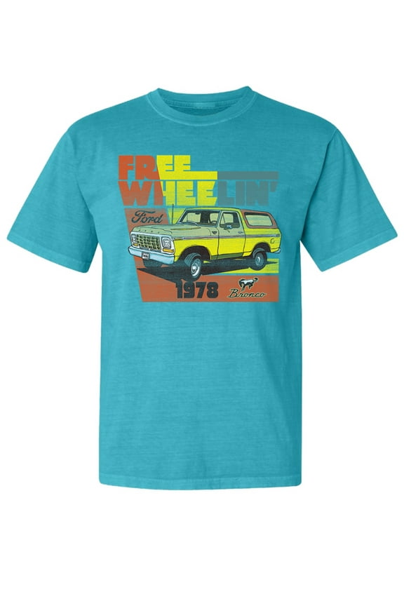 , Ford Free Wheelin 1978 Bronco Classic Rasta 70s, Cars and Trucks, Garment-Dyed Washed Look Short Sleeve Tees, Blue Lagoon, Small