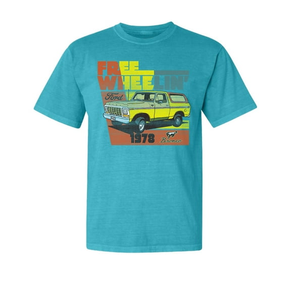 Wild Bobby, Ford Free Wheelin 1978 Bronco Classic Rasta 70s, Cars and Trucks, Garment-Dyed Washed Look Short Sleeve Tees, Blue Lagoon, Small