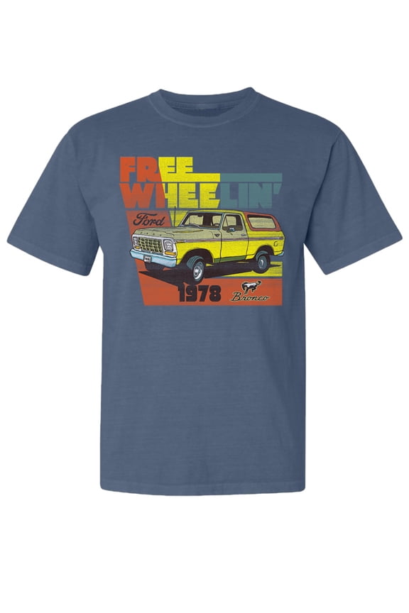 , Ford Free Wheelin 1978 Bronco Classic Rasta 70s, Cars and Trucks, Garment-Dyed Washed Look Short Sleeve Tees, Navy, Medium