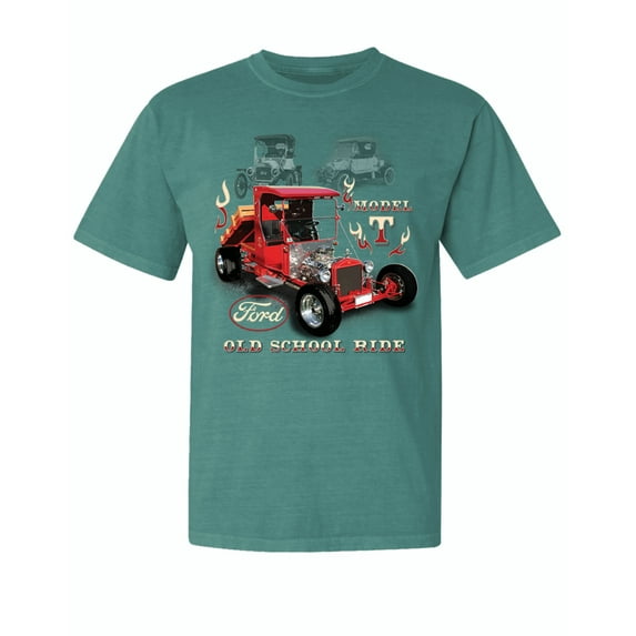 Wild Bobby, Ford Model T Roadster 1923 Old School Ride Classic Vintage, Cars and Trucks, Garment-Dyed Washed Look Short Sleeve Tees, Emerald, X-Large