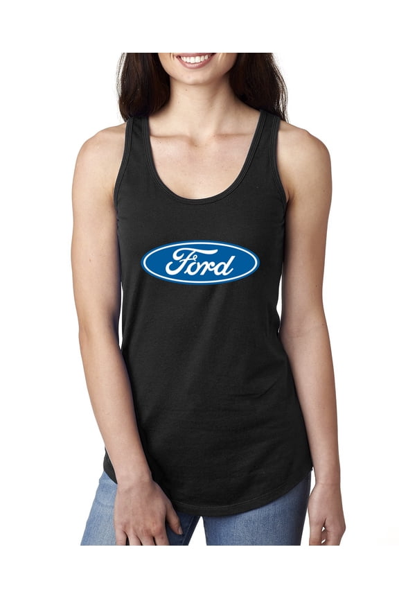 , Ford Motors Blue Logo, Cars and Trucks, Women Racerback Tank Top, Black, Small