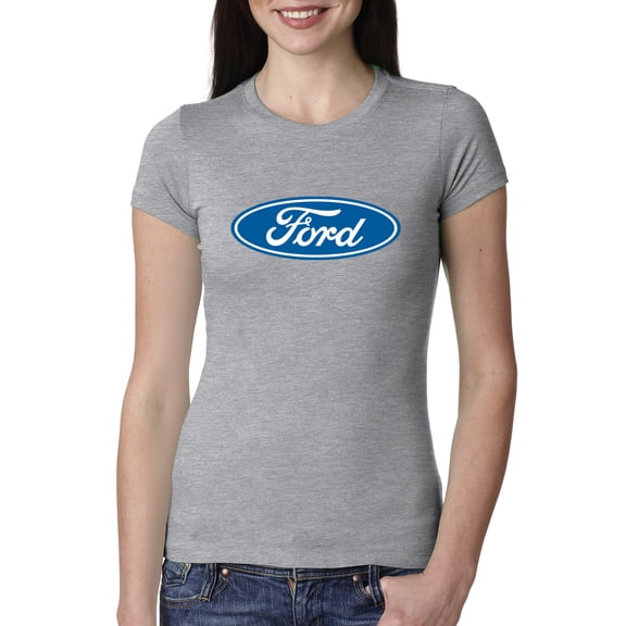 Wild Bobby, Ford Motors Blue Logo, Cars and Trucks, Women Slim Fit Junior Tee, Heather Grey, Medium