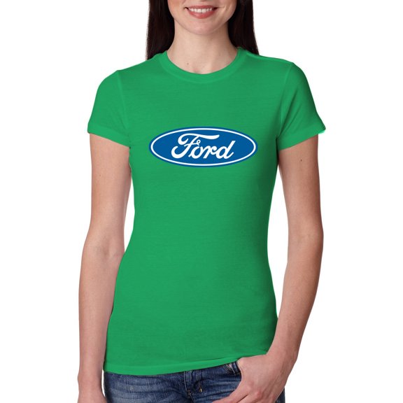 Wild Bobby, Ford Motors Blue Logo, Cars and Trucks, Women Slim Fit Junior Tee, Kelly, Large
