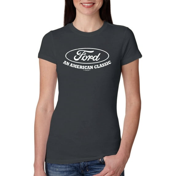 Wild Bobby, Ford Motors an American Classic, Cars and Trucks, Women Slim Fit Junior Tee, Dark Grey, Small