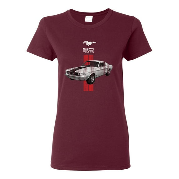 Wild Bobby, Ford Mustang 50 Years, Cars and Trucks, Women Graphic Tee, Maroon, X-Large