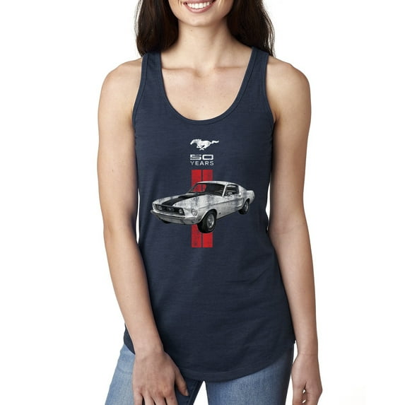 Wild Bobby, Ford Mustang 50 Years, Cars and Trucks, Women Racerback Tank Top, Navy, Medium