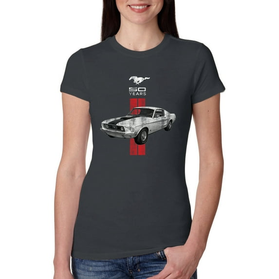 Wild Bobby, Ford Mustang 50 Years, Cars and Trucks, Women Slim Fit Junior Tee, Dark Grey, Large