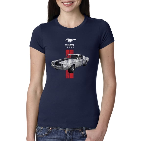 Wild Bobby, Ford Mustang 50 Years, Cars and Trucks, Women Slim Fit Junior Tee, Navy, X-Large