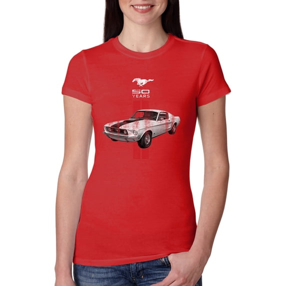Wild Bobby, Ford Mustang 50 Years, Cars and Trucks, Women Slim Fit Junior Tee, Red, Large