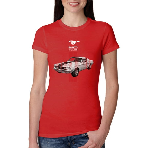 Wild Bobby, Ford Mustang 50 Years, Cars and Trucks, Women Slim Fit Junior Tee, Red, Medium