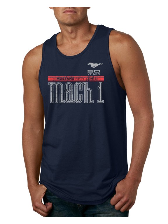 , Ford Mustang 50 Years Logo Mach 1 Classic Emblem, Cars and Trucks, Men Graphic Tank Top, Navy, X-Large