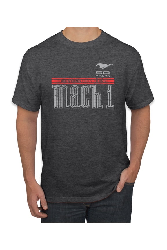 , Ford Mustang 50 Years Logo Mach 1 Classic Emblem, Cars and Trucks, Men Graphic Tee, Heather Black, X-Large