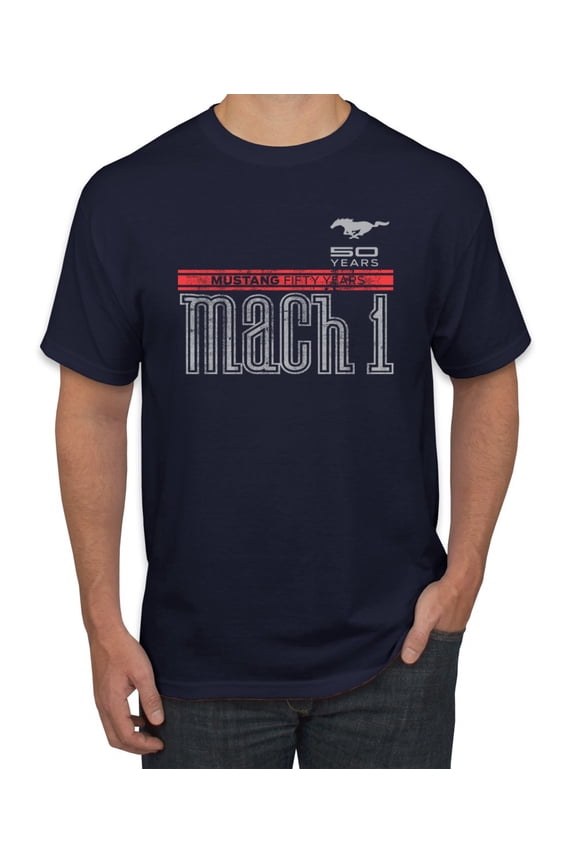 , Ford Mustang 50 Years Logo Mach 1 Classic Emblem, Cars and Trucks, Men Graphic Tee, Navy, Large