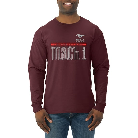 Wild Bobby, Ford Mustang 50 Years Logo Mach 1 Classic Emblem, Cars and Trucks, Men Long Sleeve Shirt, Maroon, X-Large