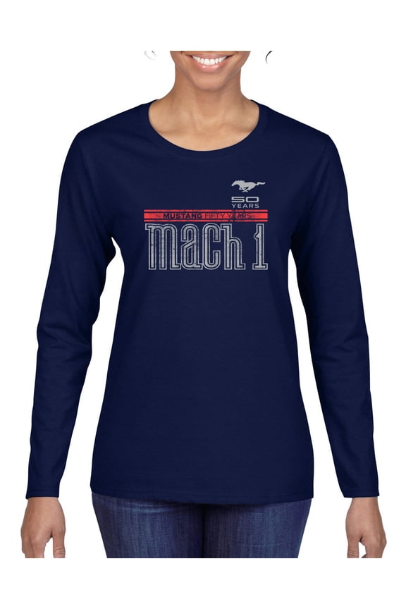 , Ford Mustang 50 Years Logo Mach 1 Classic Emblem, Cars and Trucks, Women Graphic Long Sleeve Tee, Navy, X-Large