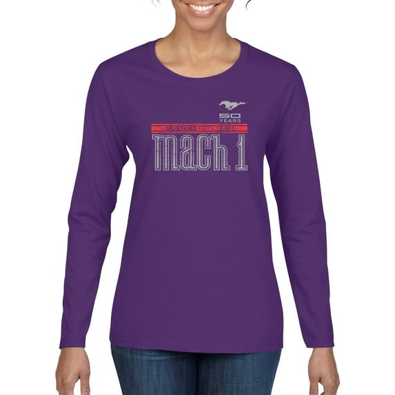 Wild Bobby, Ford Mustang 50 Years Logo Mach 1 Classic Emblem, Cars and Trucks, Women Graphic Long Sleeve Tee, Purple, Large