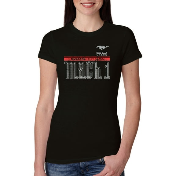 Wild Bobby, Ford Mustang 50 Years Logo Mach 1 Classic Emblem, Cars and Trucks, Women Slim Fit Junior Tee, Black, Small