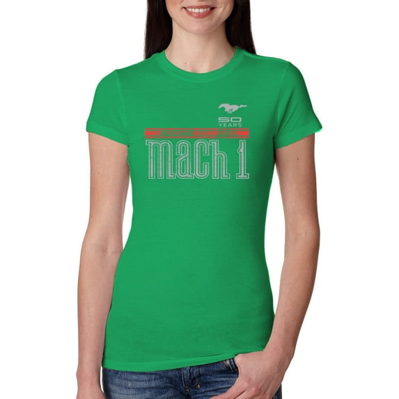Wild Bobby, Ford Mustang 50 Years Logo Mach 1 Classic Emblem, Cars and Trucks, Women Slim Fit Junior Tee, Kelly, Large
